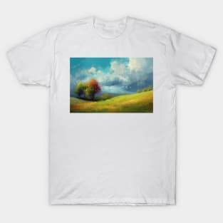 Abstract landscape with hills and trees and cloudy sky. T-Shirt